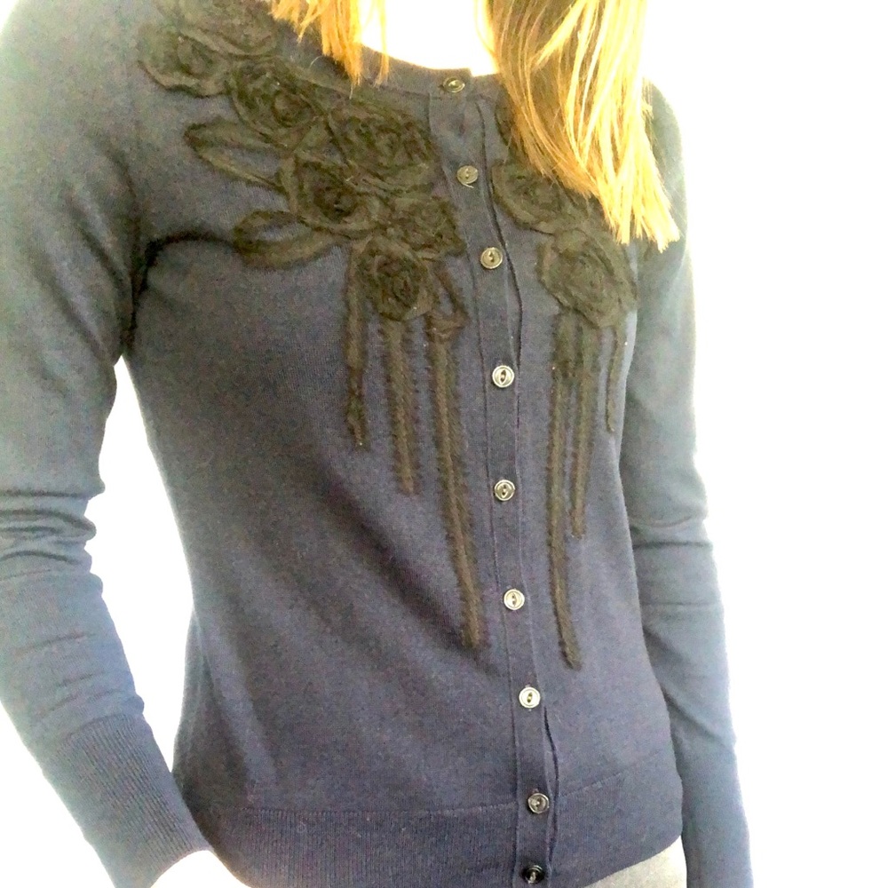 Banana Republic Marino Wool navy black rosette textured cardigan size XS
